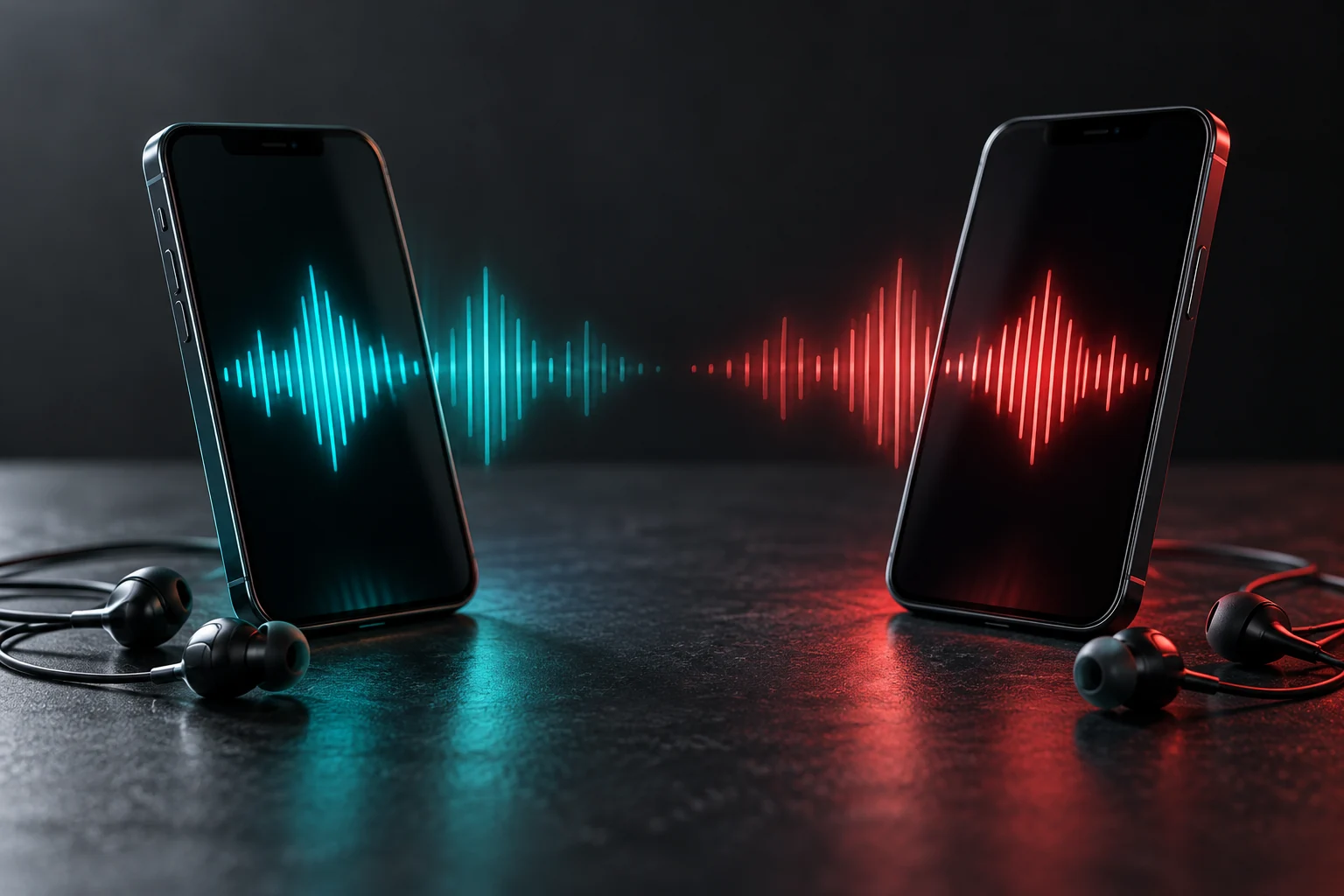 Two phones with different audio waveforms illustrating two-way speech translation