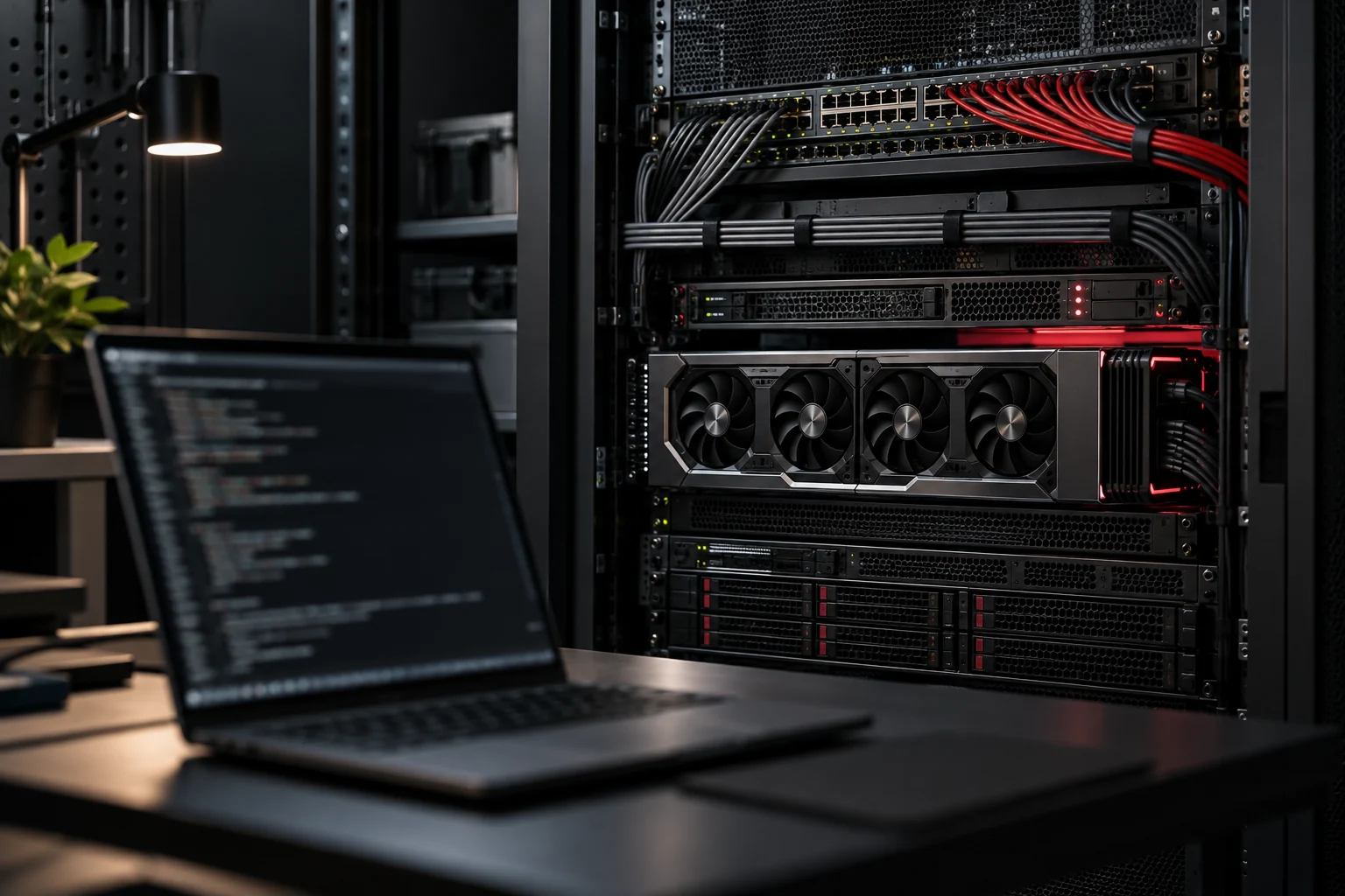 Conceptual server rack and GPU compute workstation